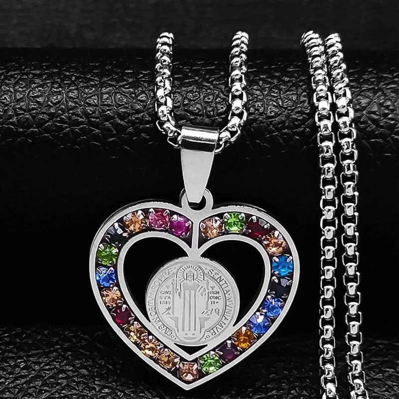 Stainless Steel Necklace WWJD Saint Benedict and Virgin Mary Pendant Necklaces