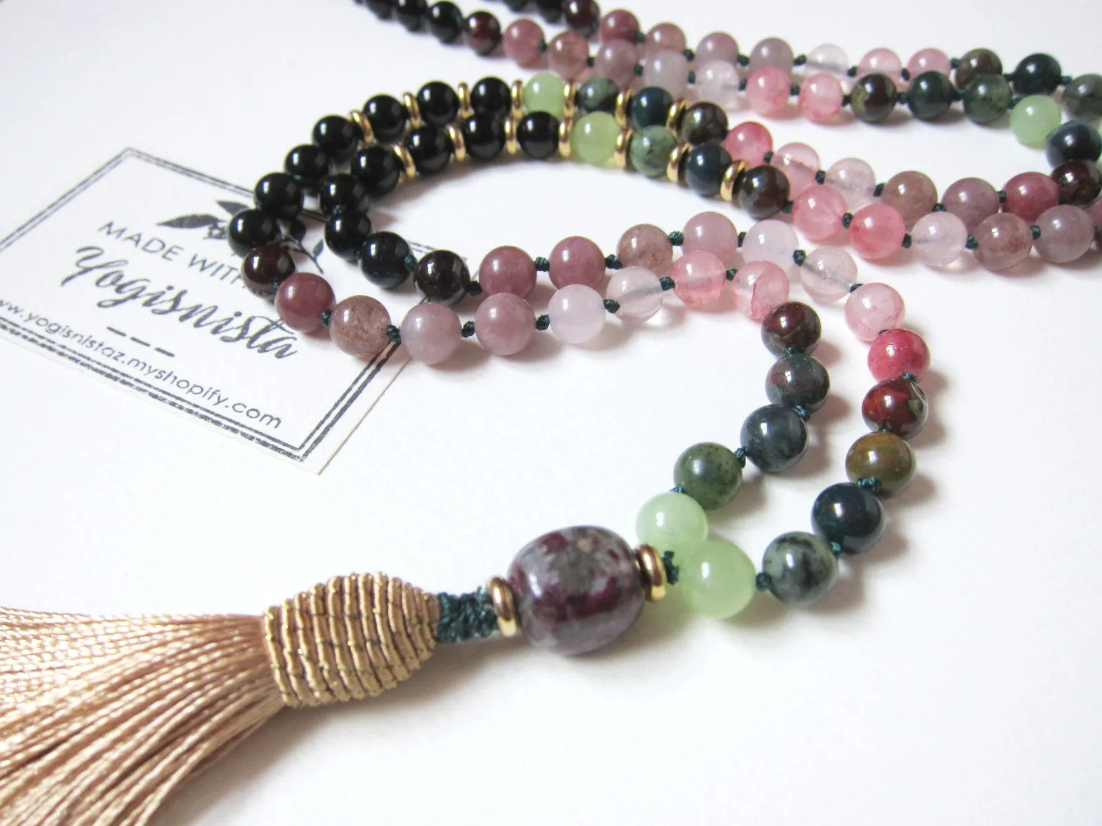 Stunning Black Tourmaline, Lepidolite, Pink Quartz, Garnet, Bloodstone in Champagne Gold Tassel