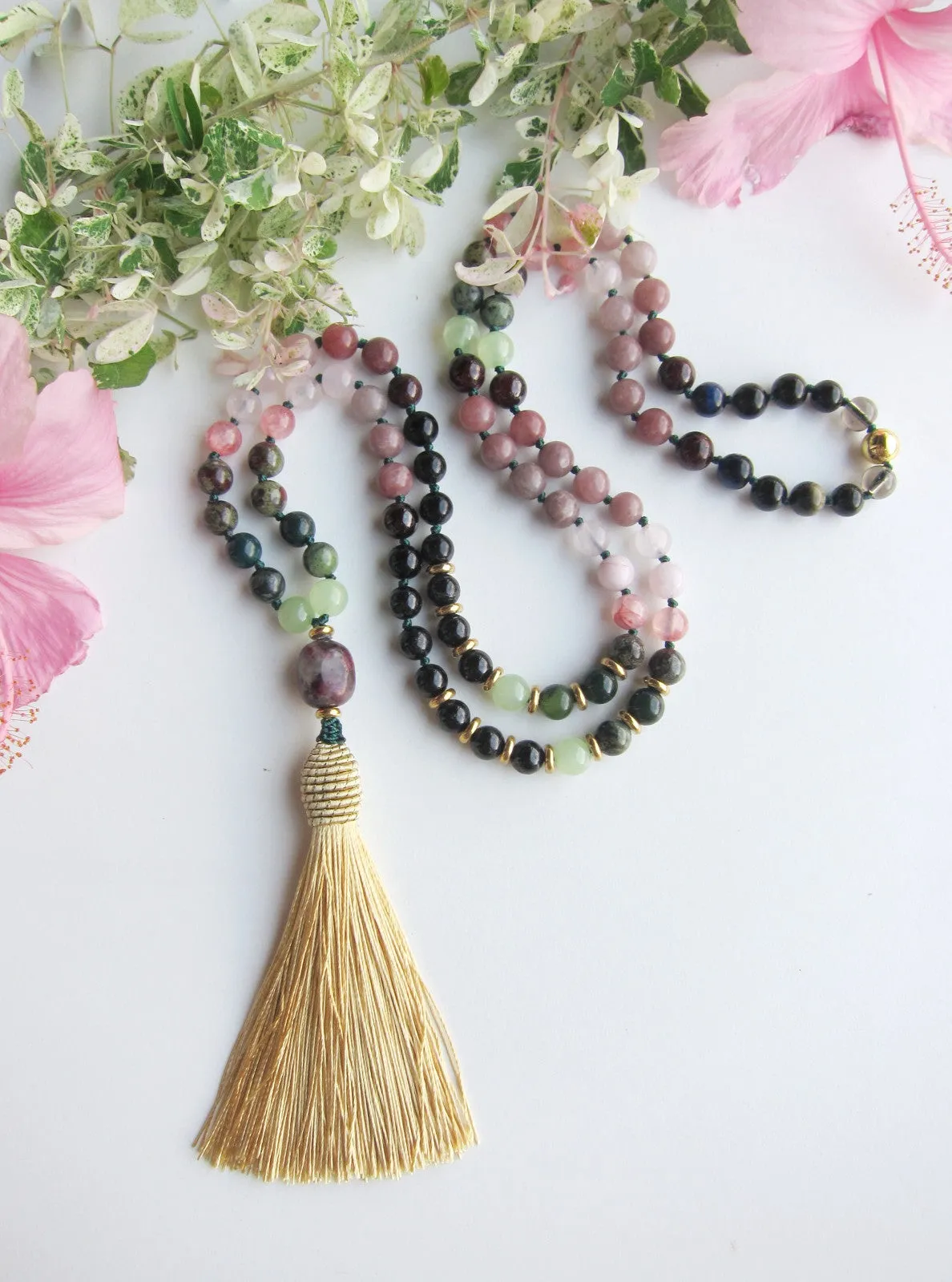 Stunning Black Tourmaline, Lepidolite, Pink Quartz, Garnet, Bloodstone in Champagne Gold Tassel