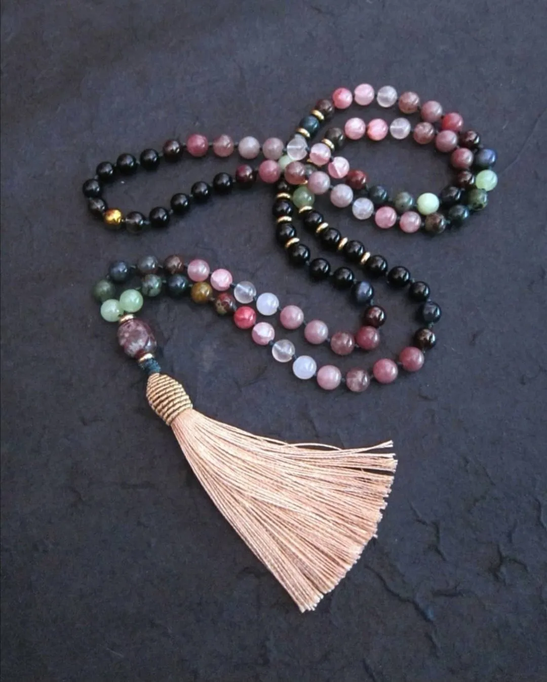 Stunning Black Tourmaline, Lepidolite, Pink Quartz, Garnet, Bloodstone in Champagne Gold Tassel