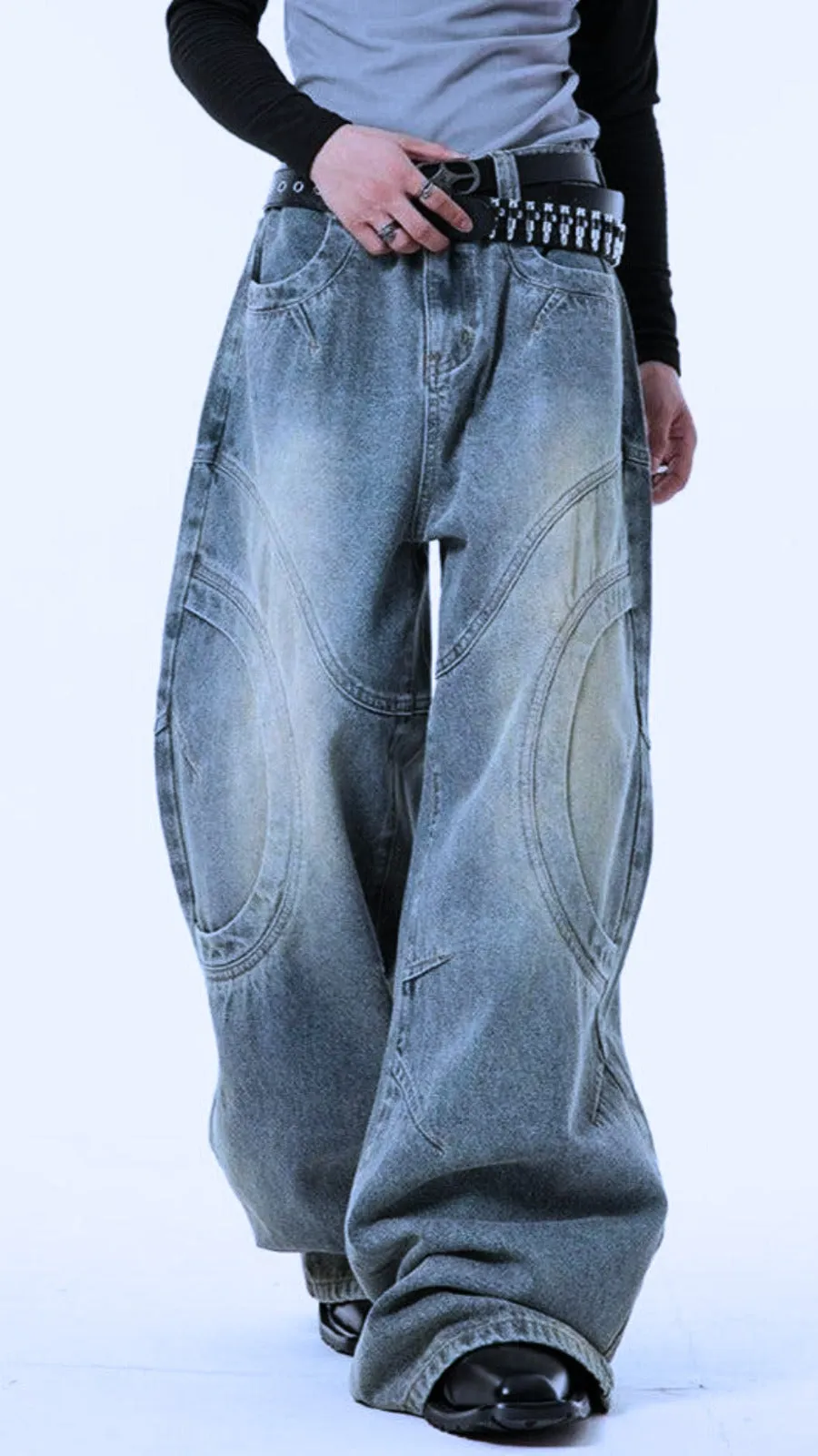 Washed Curved Stitches Wide Leg Jeans