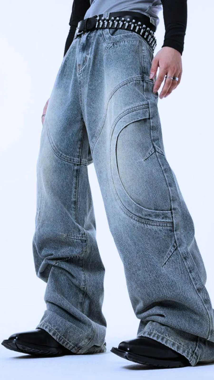 Washed Curved Stitches Wide Leg Jeans