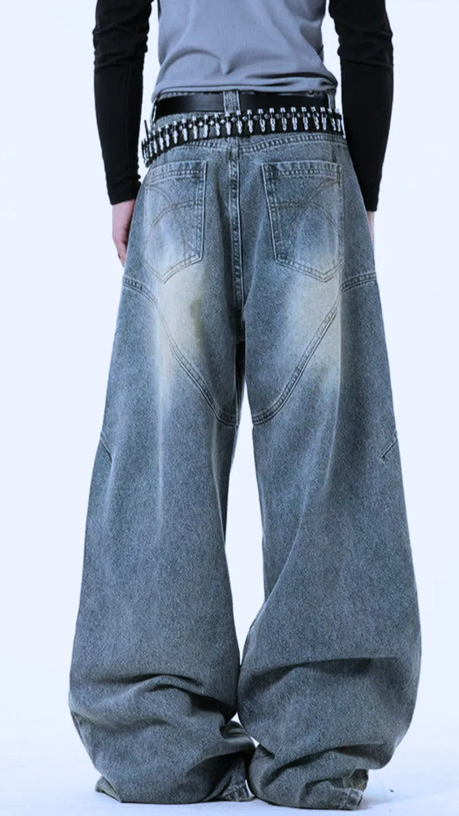 Washed Curved Stitches Wide Leg Jeans