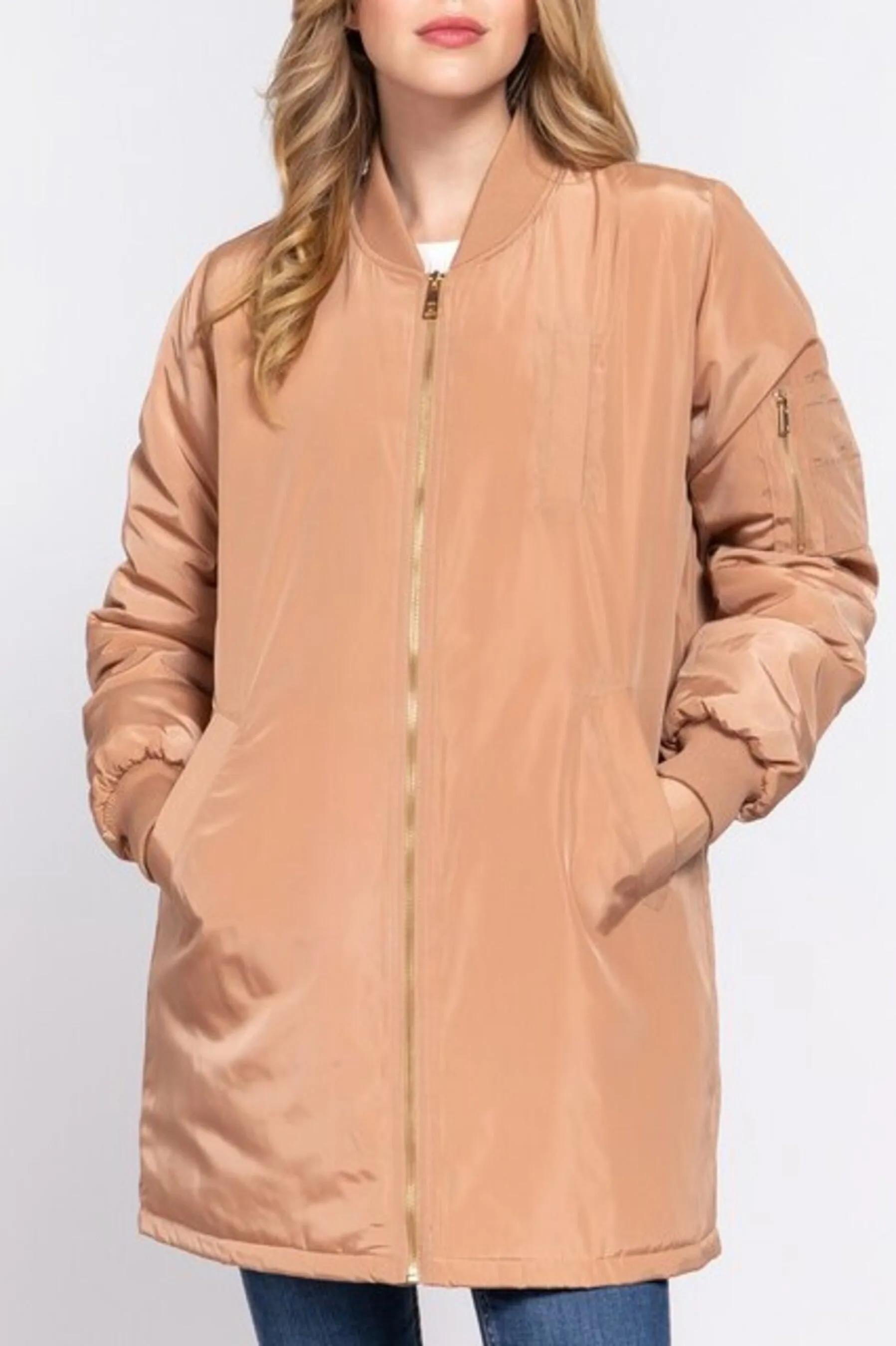 Women's Casual long bomber zip up jacket coat