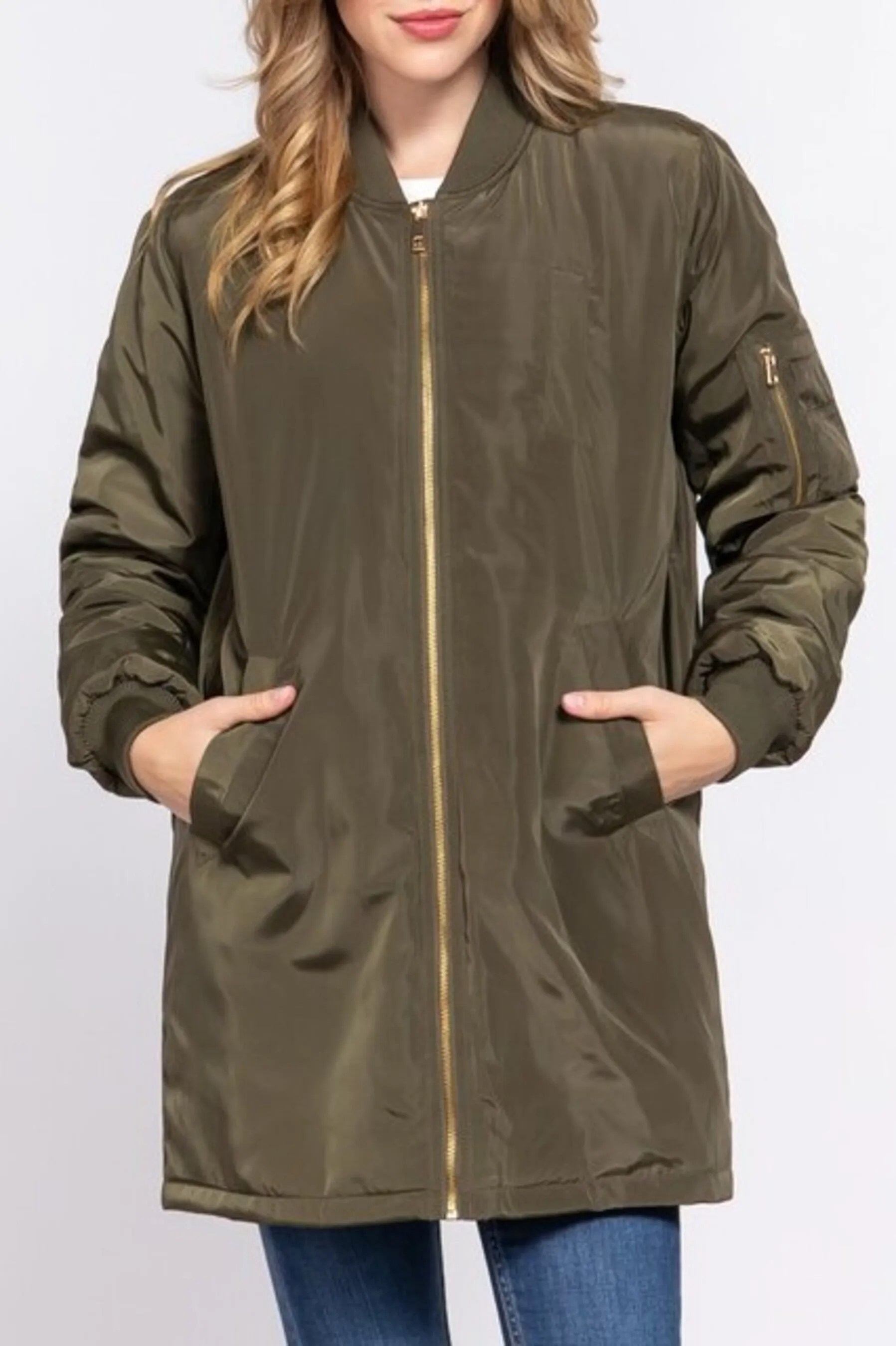 Women's Casual long bomber zip up jacket coat